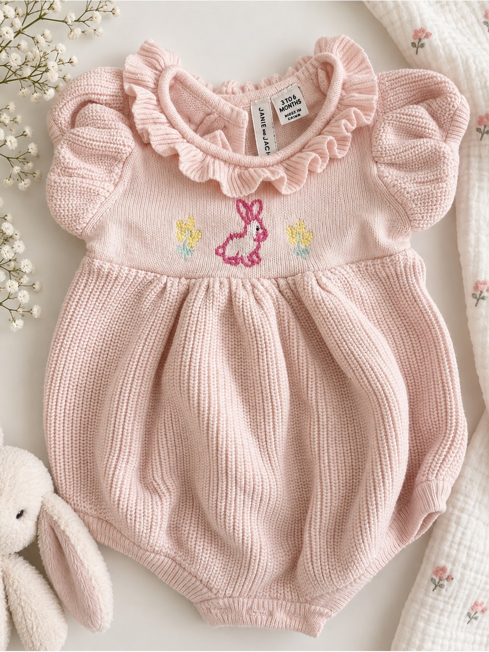 Janie and Jack Pale Pink Knit Bunny Bubble Romper